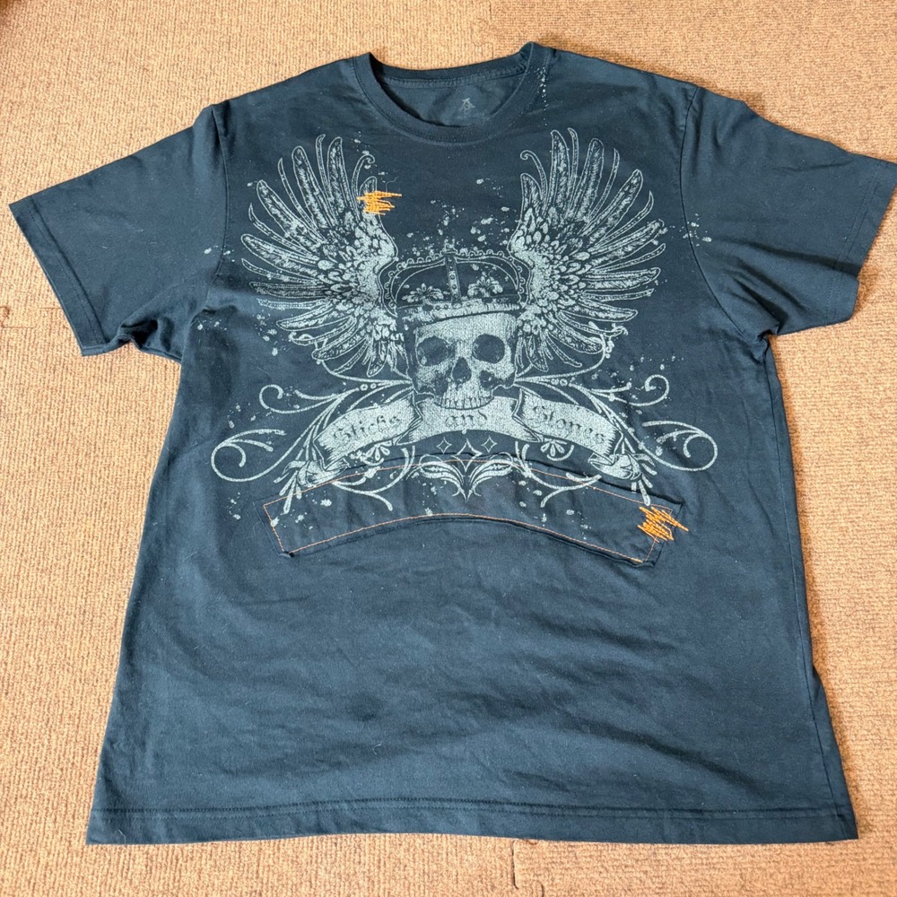 Archaic‎ Smile Sticks and Stones Skull Wings Graphic T-Shirt Mens 2XL Black